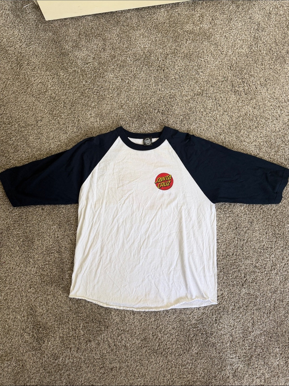 Santa Cruz Skateboards White & Navy Raglan Baseball Tee with Red Logo